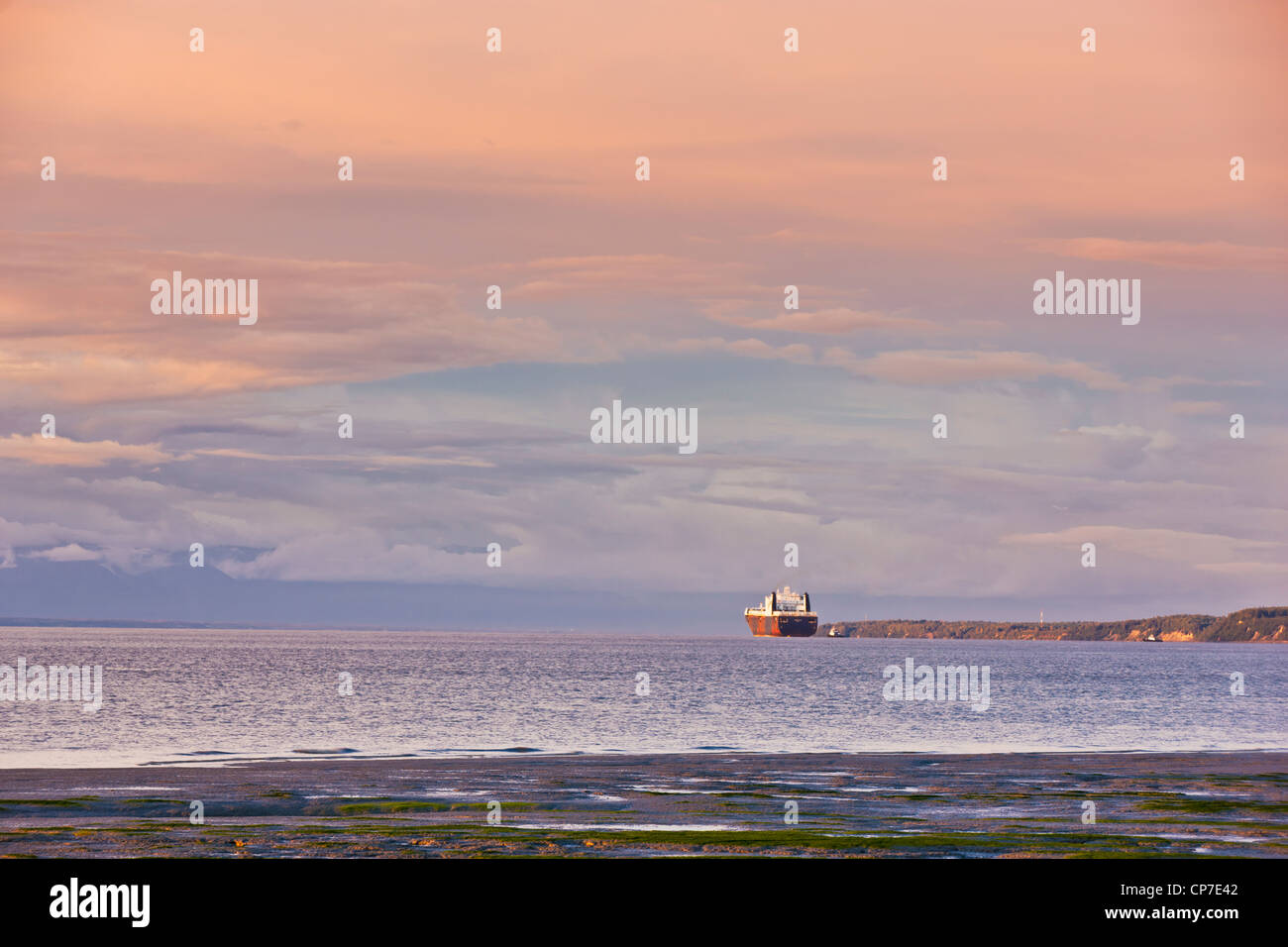 La luce del tramonto illumina una nave cargo comming al dock presso il porto di Anchorage, Knik Arm, centromeridionale Alaska, estate Foto Stock