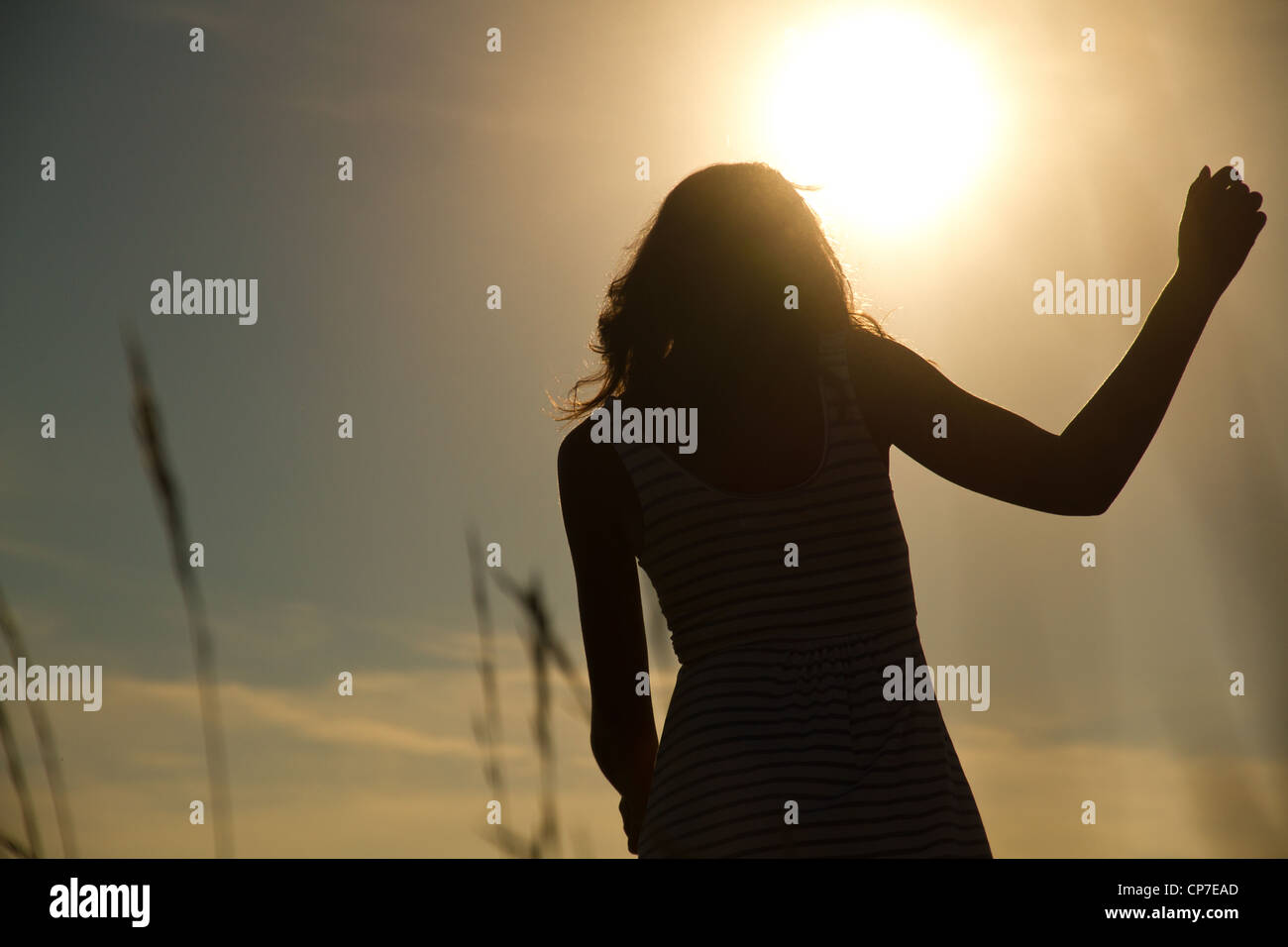 Silhouette di una giovane donna in Prato Foto Stock