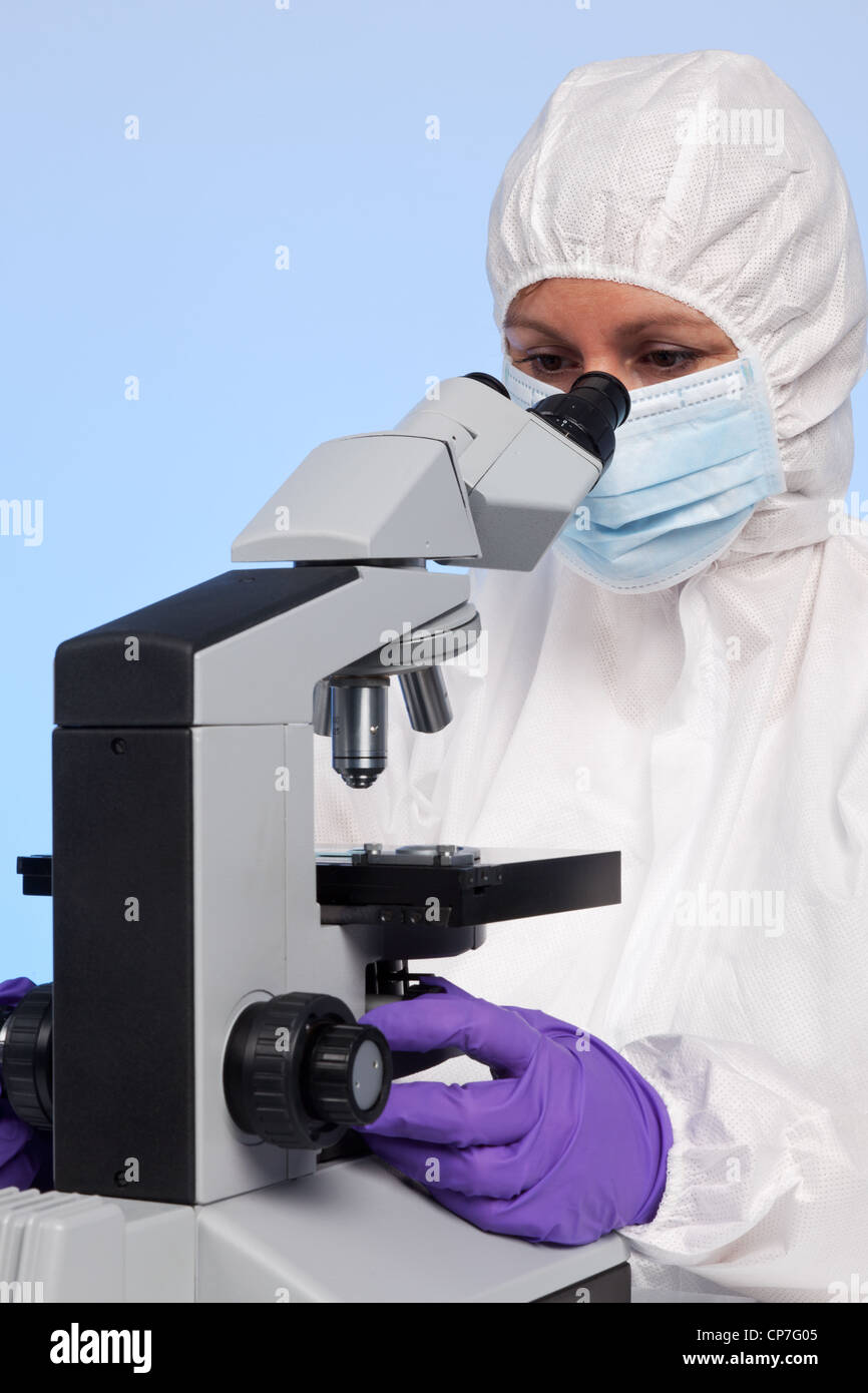 Foto di un biochimico guardando attraverso un ottico stereo microscopio da laboratorio in un provino su un vetrino. Foto Stock