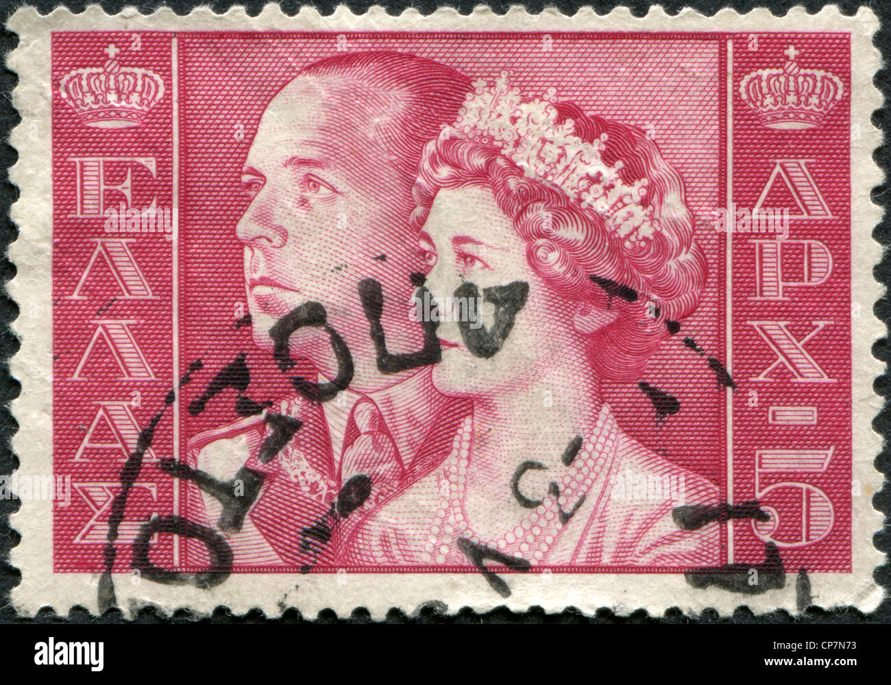 Grecia - circa 1956: francobolli stampati in Grecia, mostra re Paolo I e la Regina Frederica, circa 1956 Foto Stock