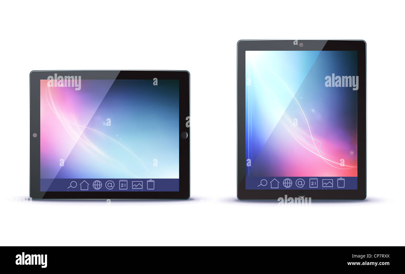 Illustrazione della classe di tablet PC in visualizzazione orizzontale e verticale con le icone su una barra degli strumenti Foto Stock