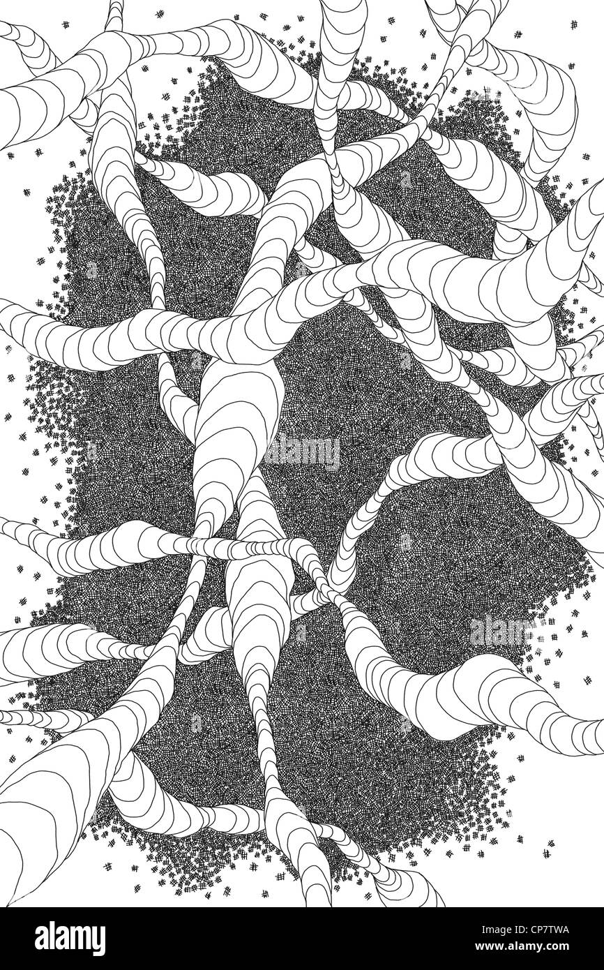 Bianco e nero illustrazione della stringa astratta di forme con tratteggio incrociato Foto Stock