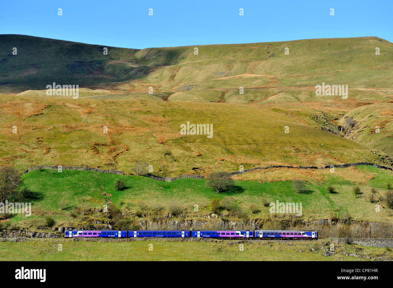 Rampa settentrionale pasenger treno su arrivino a Carlisle linea. Mallerstang, Yorkshire Dales National Park, Cumbria, England, Regno Unito Foto Stock