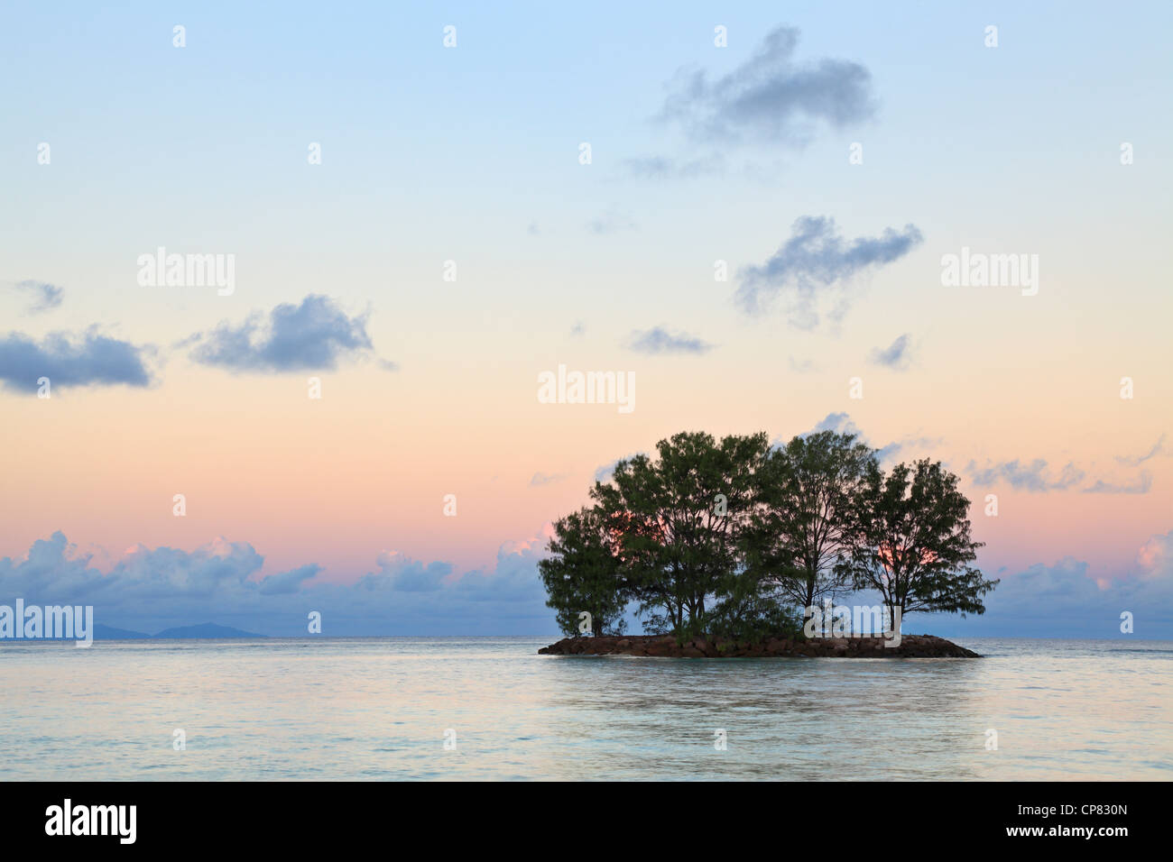 Una piccola isola di alberi al crepuscolo del mattino al largo della costa occidentale di La Digue alle Seychelles Foto Stock