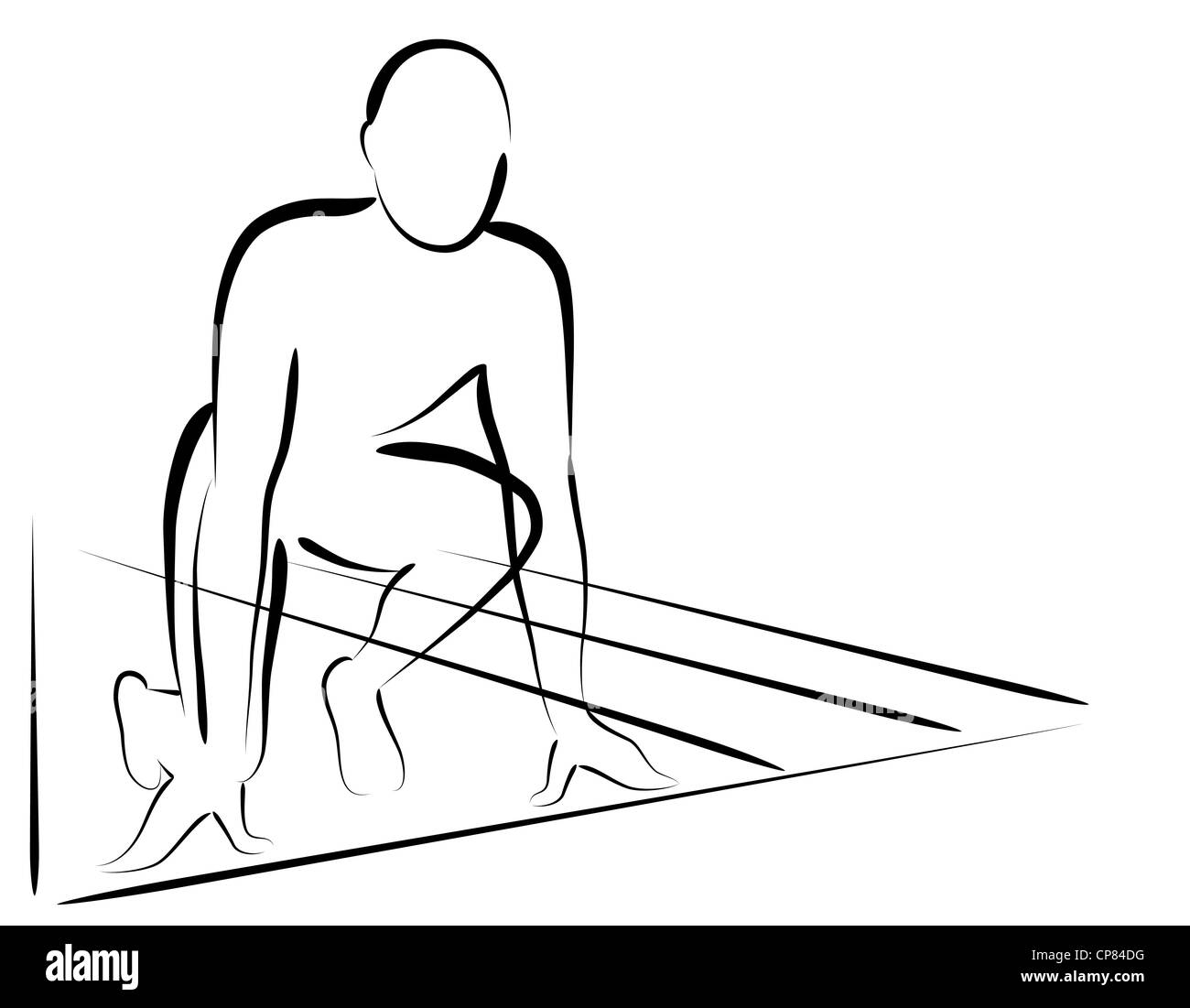 Atleta pronto per la gara in linea di partenza. Isolato su sfondo bianco. Foto Stock