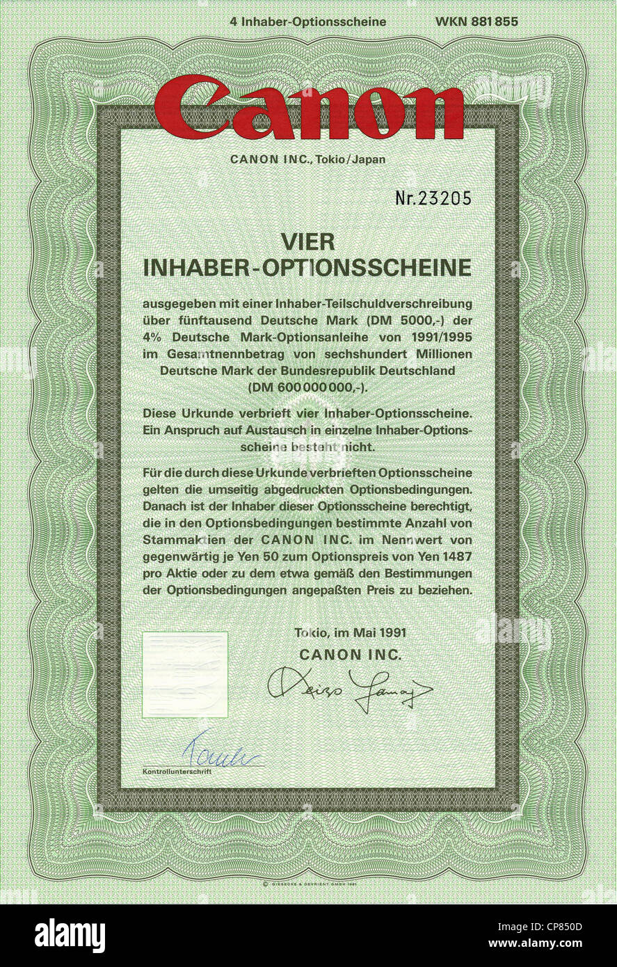 Historic Stock certificato, certificato di titoli al portatore, warrant, Germania, Wertpapier, Inhaber-Optionsschein, japanische Yen, Foto Stock