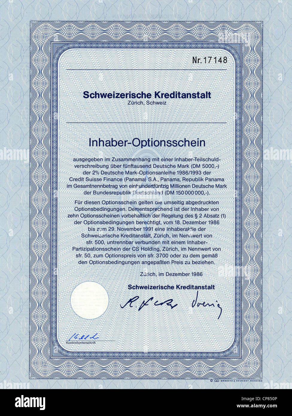 Historic Stock certificato, certificato di titoli al portatore, warrant, Wertpapier, Inhaber-Optionsschein, Deutsche Mark, Schweizeri Foto Stock