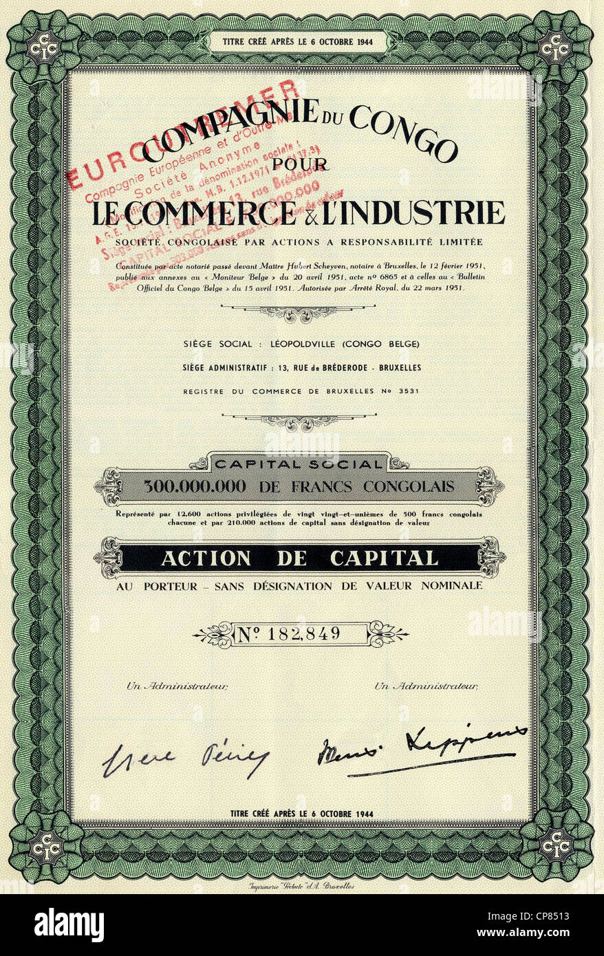 Coloniale storico certificato azionario, del commercio e dell'industria, 1944, Bruxelles, Belgio, Europa, Compagnie du Congo pour le Commerce un Foto Stock