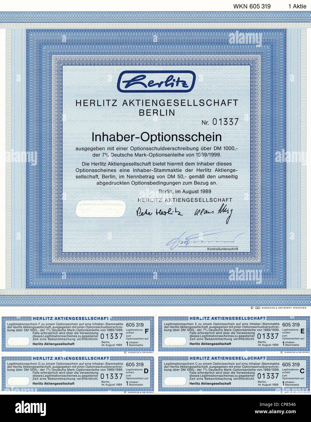 Historic Stock certificato, certificato di titoli al portatore, warrant, Germania, Wertpapier, Inhaber-Optionsschein, Deutsche Mark, B Foto Stock