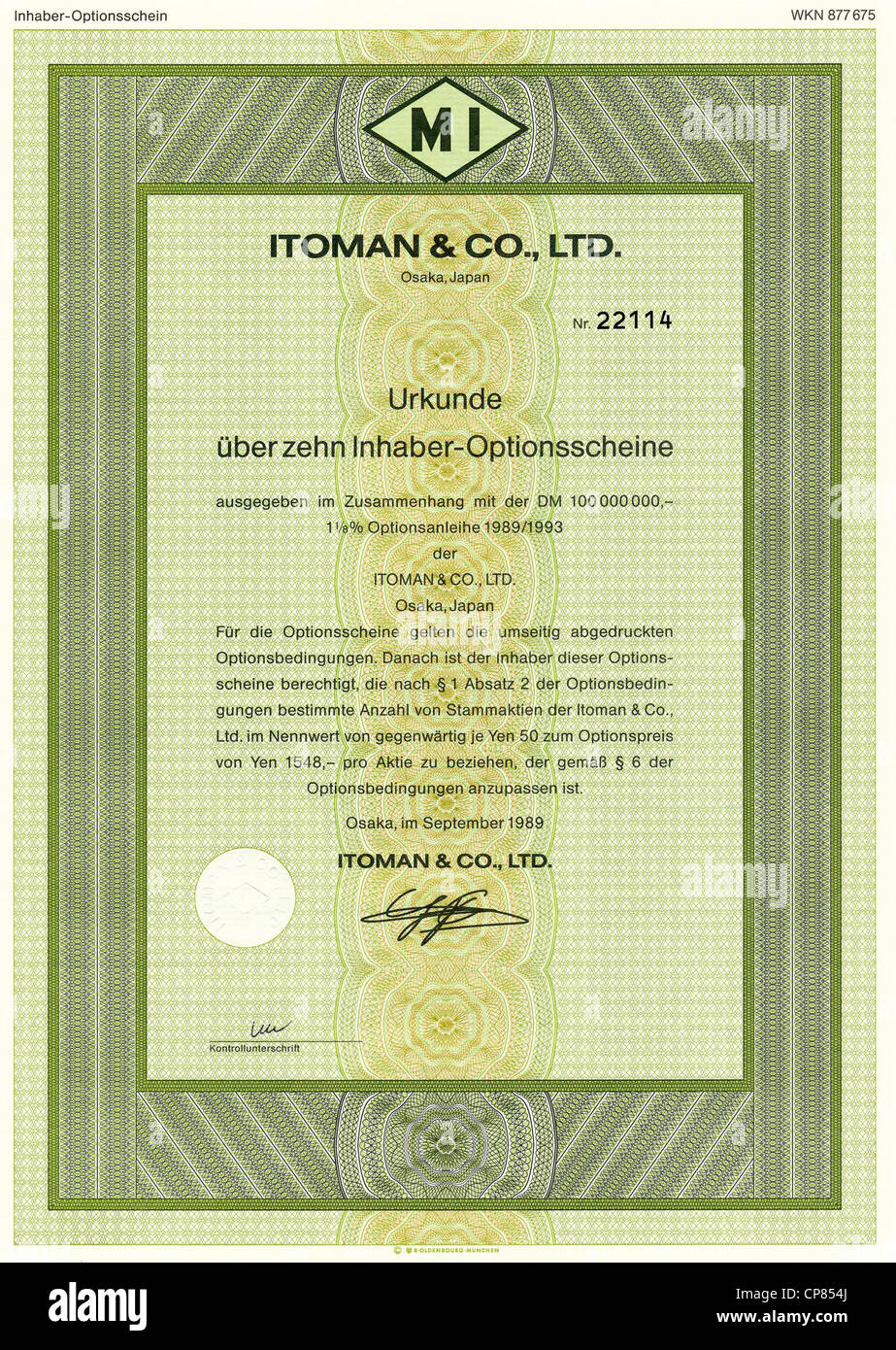 Historic Stock certificato, certificato di titoli al portatore, warrant, Historisches Wertpapier, japanischer Inhaber-Optionsschein, Foto Stock