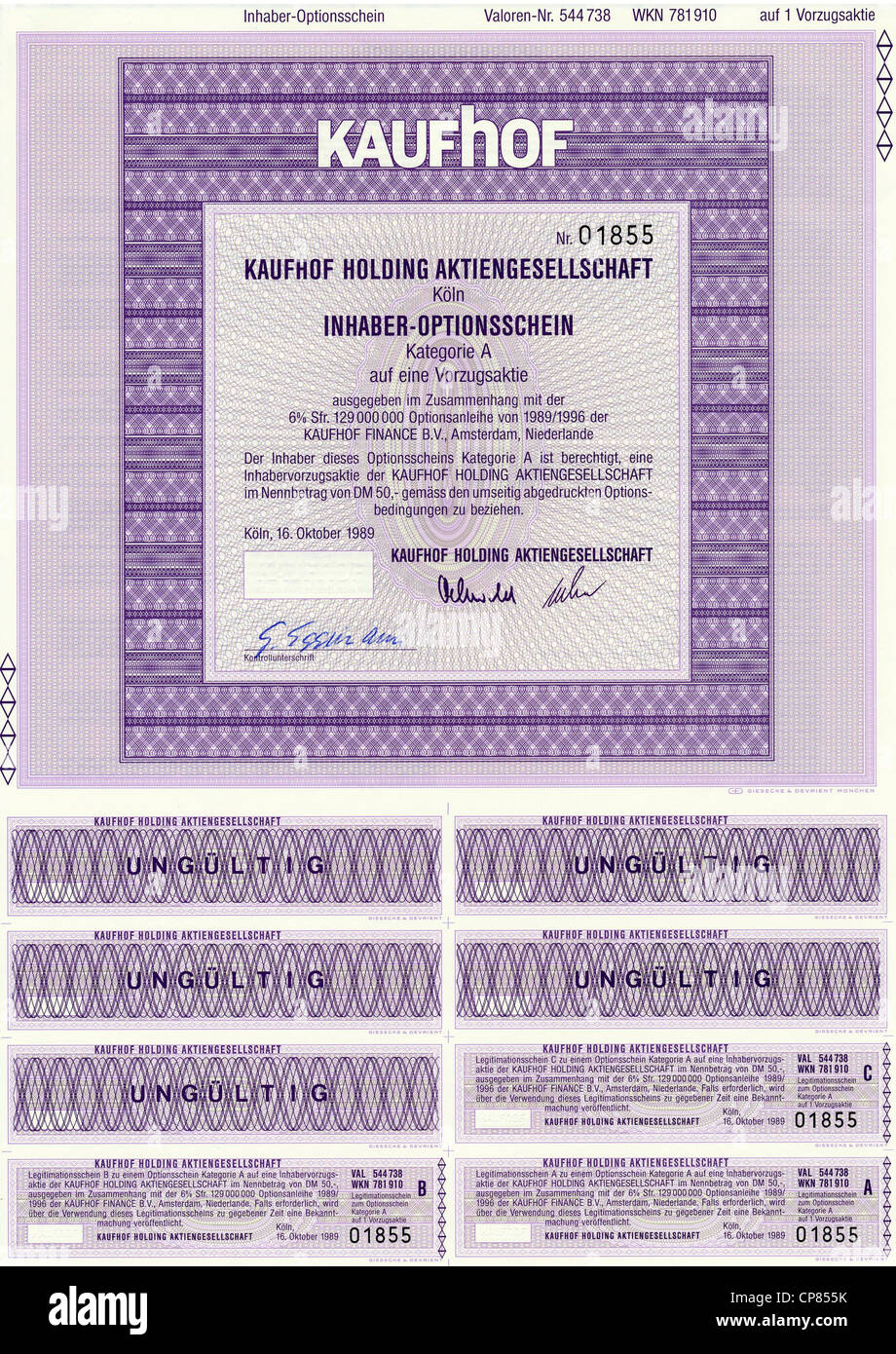 Historic Stock certificato, certificato di titoli al portatore, warrant, Germania, Historisches Wertpapier, Inhaber-Optionsschein UAE, Foto Stock