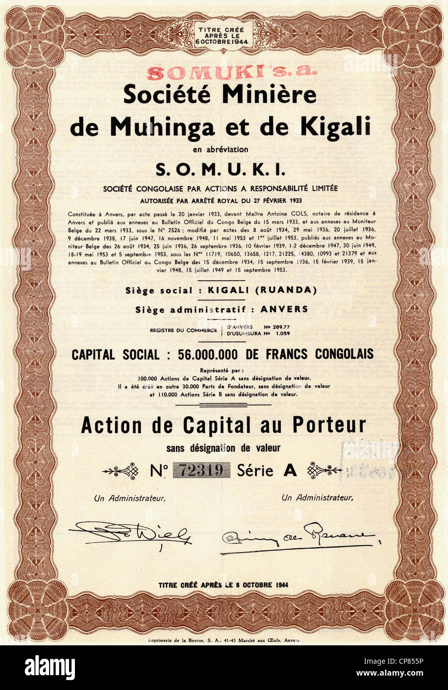 Coloniale storico certificato azionario, miniere, 1944, Anversa, Belgio, Europa, Societe Miniere de Muhinga et de Kigali, S.O.M.U.K. Foto Stock