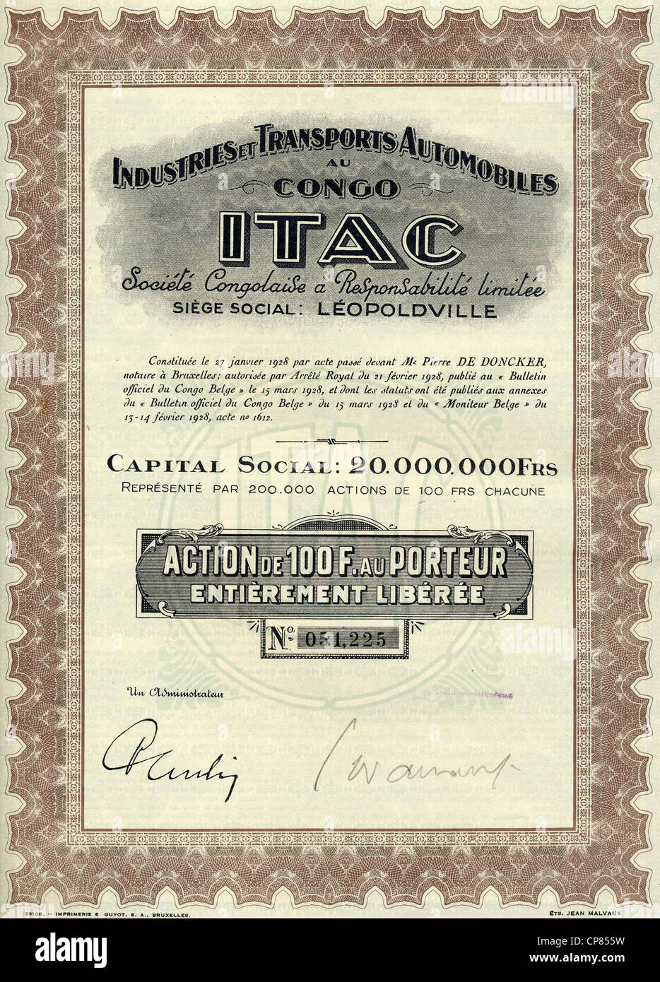 Historic Stock certificato, quota coloniale certificato, 100 franchi belgi, Industrie et trasporta automobili au Congo, ITAC, Foto Stock