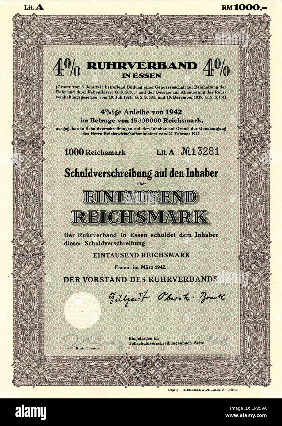 Historic Stock certificato, Reichsmarks obbligo, Germania, Historisches Wertpapier, Teilschuldverschreibung über 1000 Reichsma Foto Stock