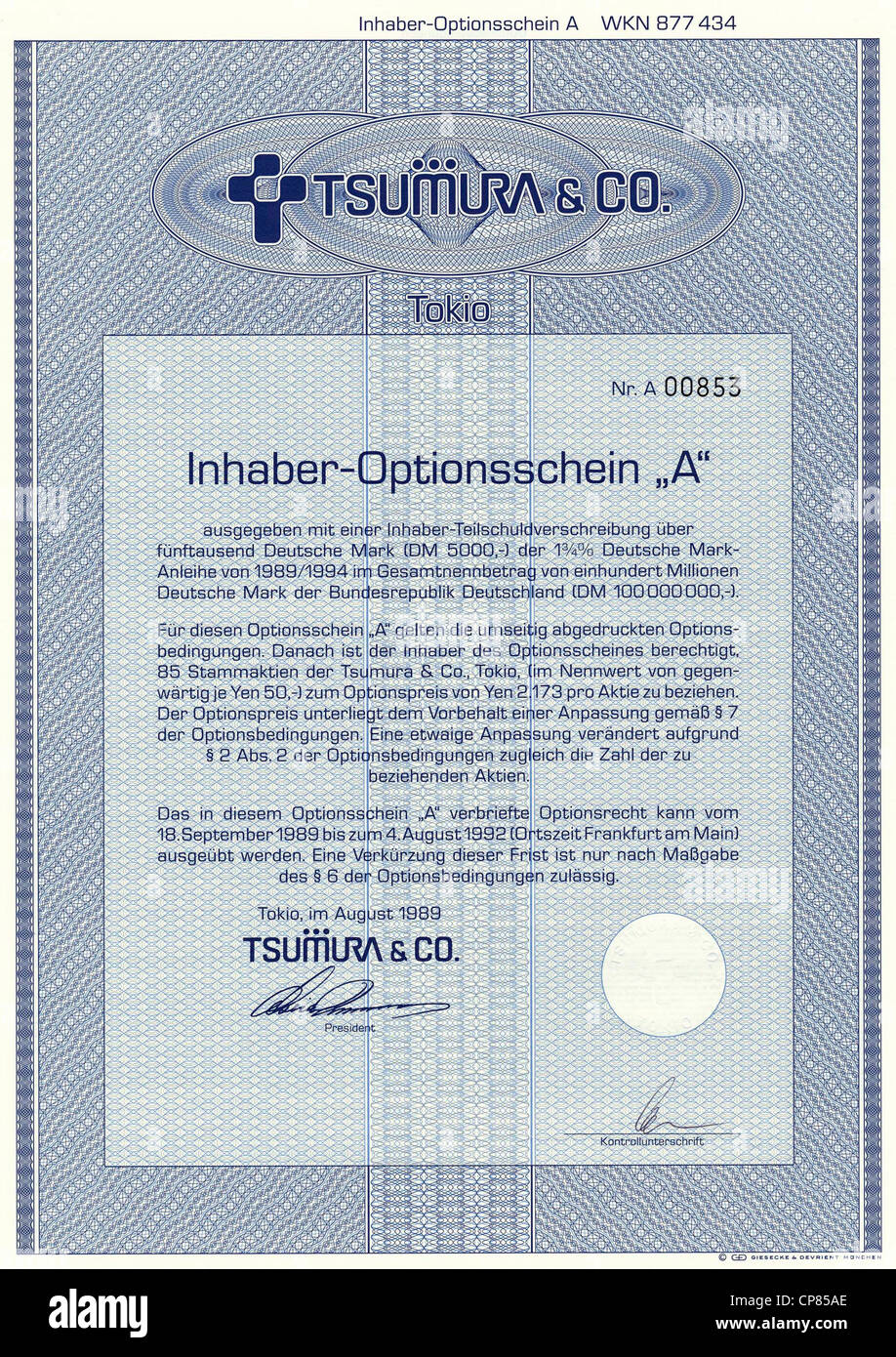 Historic Stock certificato, certificato di titoli al portatore, warrant, Wertpapier, Inhaber-Optionsschein, japanische Yen, Deutsche Foto Stock