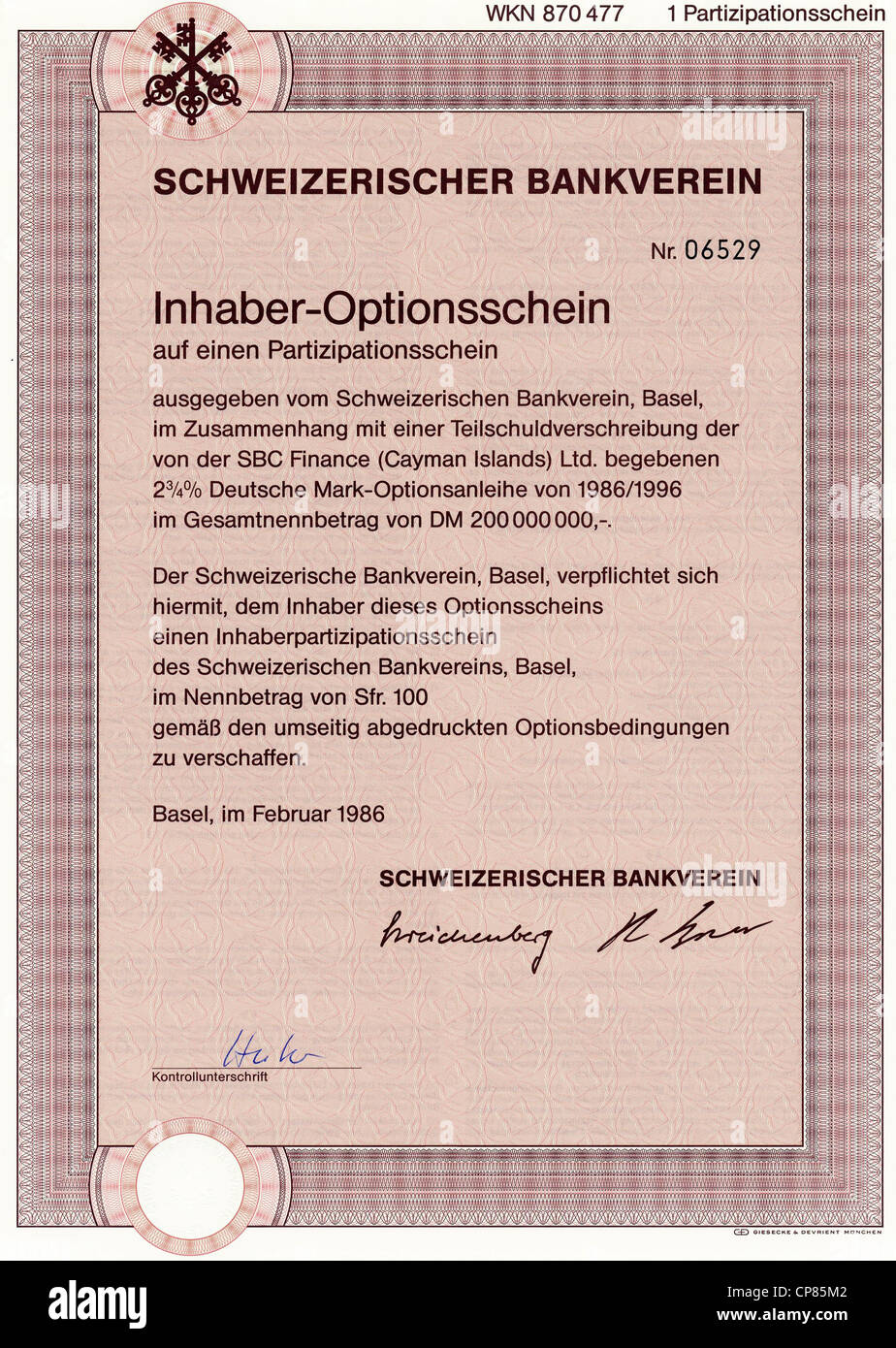 Historic Stock certificato, certificato di titoli al portatore, warrant, Inhaber-Optionsschein für Aktien, Schweizerischer Bankverein Foto Stock