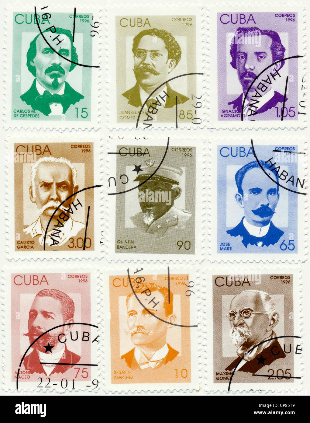 Centro storico di francobolli da Cuba, Historische Briefmarken, historische Persönlichkeiten, Carlos Manuel de Céspedes, Juan Gualbe Foto Stock