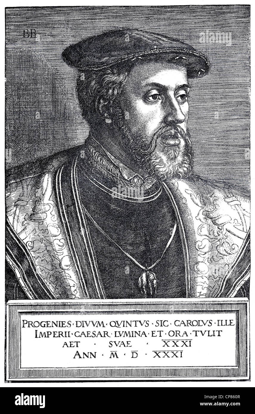 L'imperatore Carlo V, 1500 - 1558, l'imperatore del Sacro Romano Impero, incisione su rame da Barthel Beham, risalente al 1531, Kaiser Ka Foto Stock