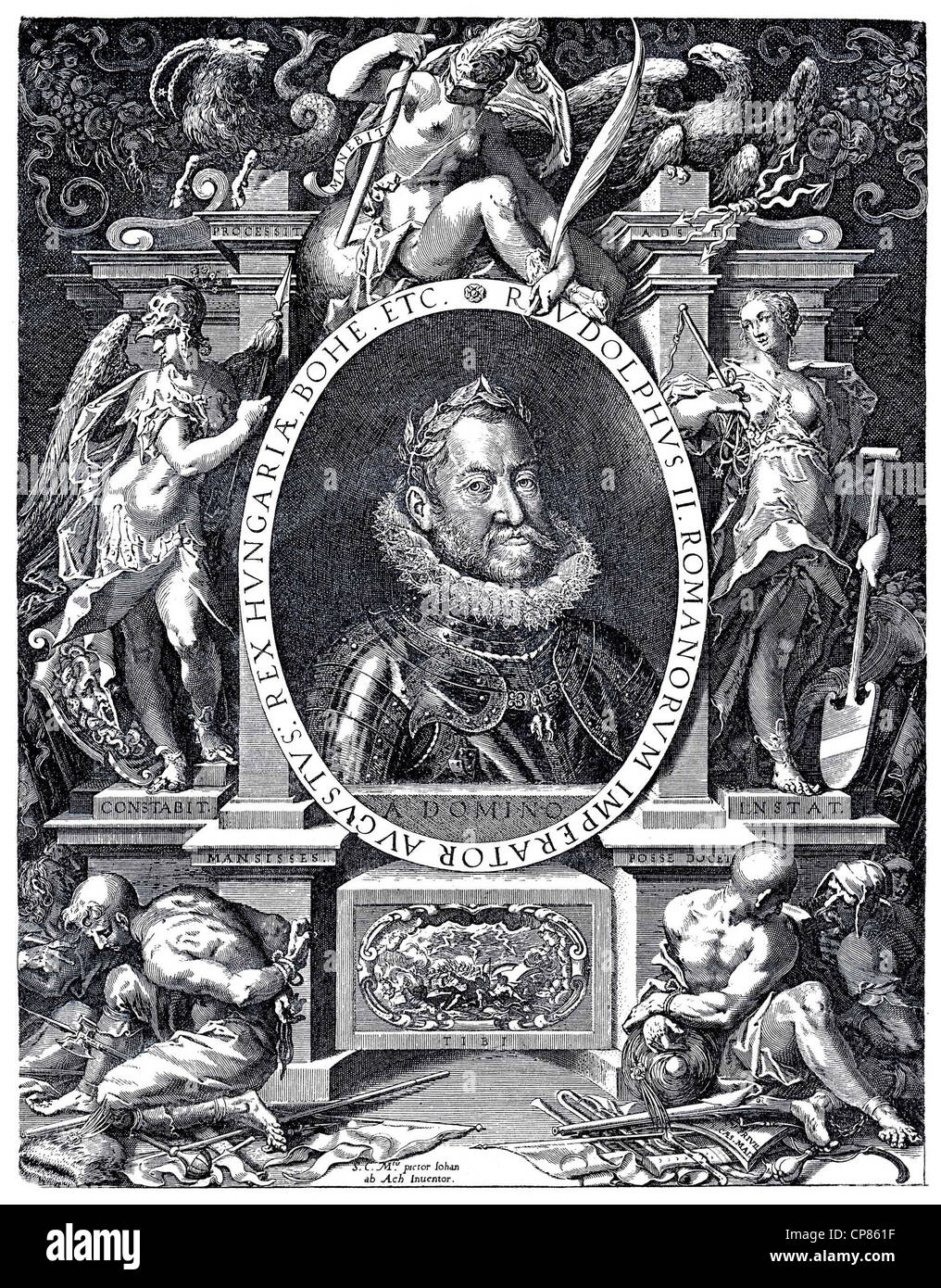 Allegoria del regno dell'Imperatore Rodolfo II, 1552 - 1612, incisione su rame da Egidius Sadeler dal XVII secolo, Kupferstich Foto Stock