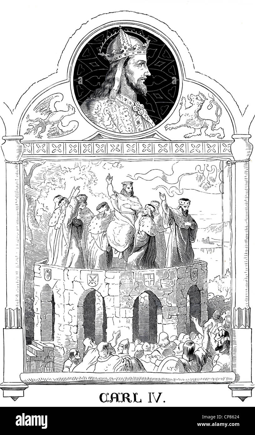 Carlo IV, 1316 - 1378, con anti-re Guenther XXI, Conte di Schwarzburg-Blankenburg, 1304 - 1349, Storico illustrazione, 19 Foto Stock
