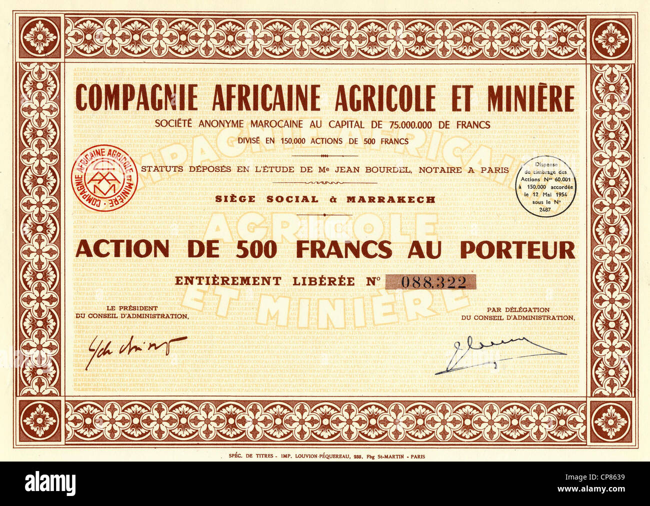 Historic Stock certificato, coloniale certificato azionario, 1954, 500 franchi francesi, Francia, Europa Compagnie Africaine Agricole et Foto Stock