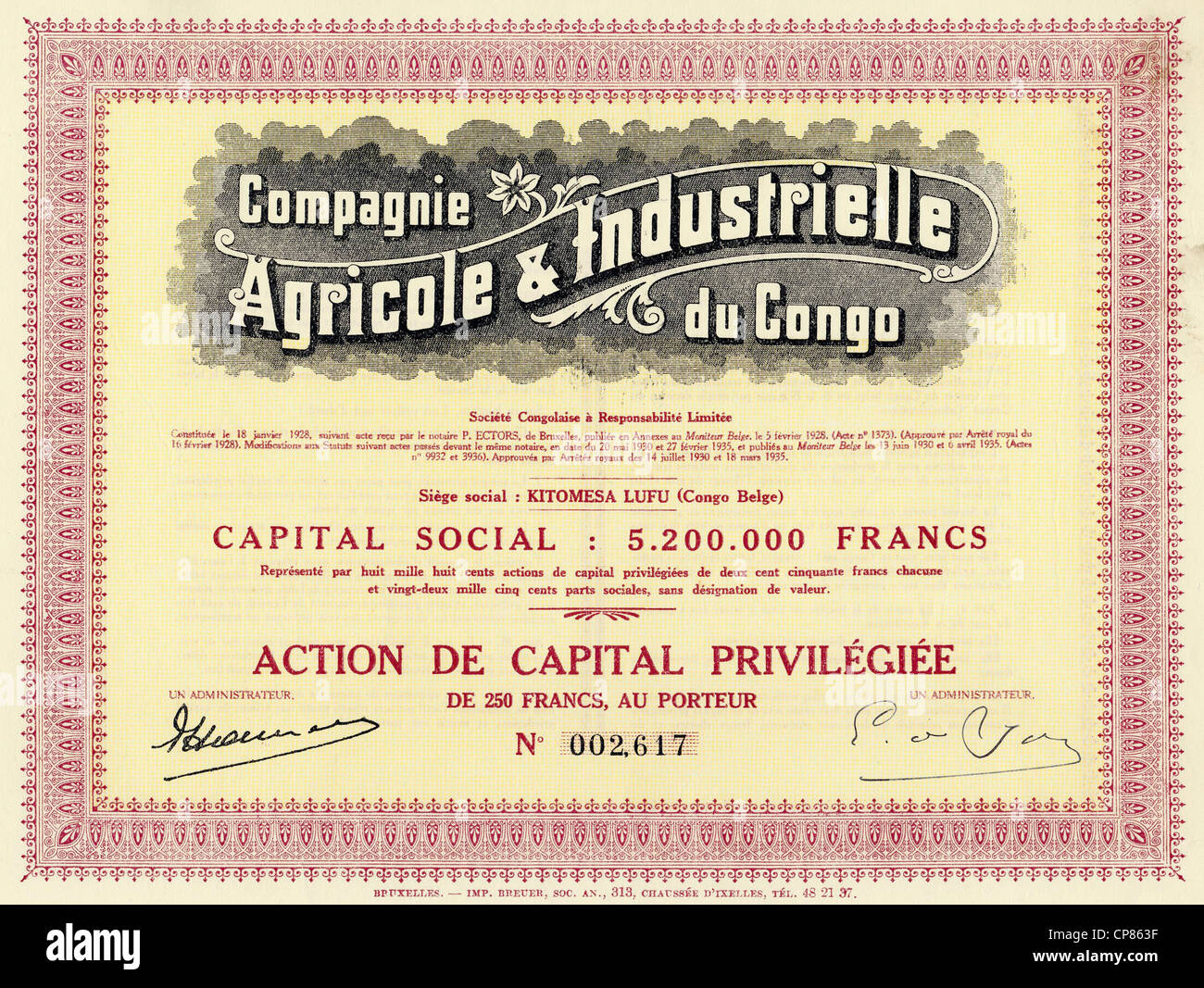 Coloniale storico certificato azionario, agricoltura e industria, 1935, BRUXELLES, 250 franchi belgi, Belgio, Europa, Compagnie in Foto Stock