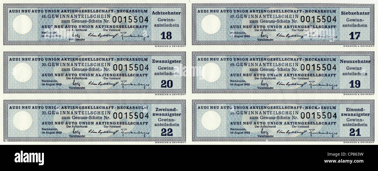 Historic Stock certificato, certificato di titoli al portatore, warrant, Historische Aktie, Gewinnanteilscheine zum Genuss-Schein der Foto Stock