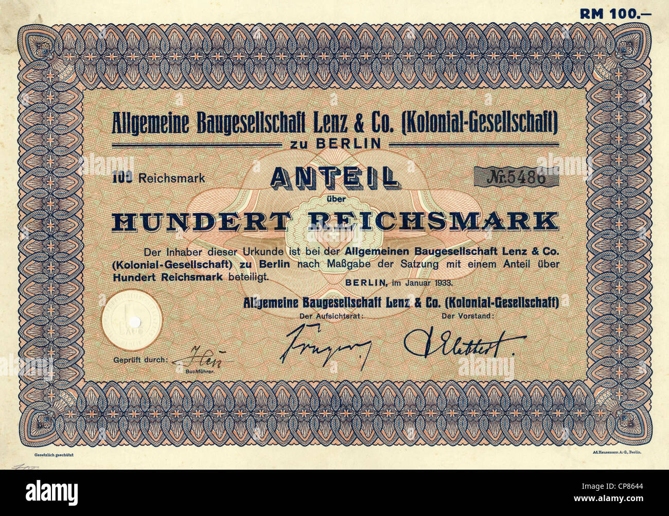 Historic Stock certificato, Reichsmarks obbligo, Germania, Historische Aktie über 100 Reichsmark, Allgemeine Baugesellschaft L Foto Stock