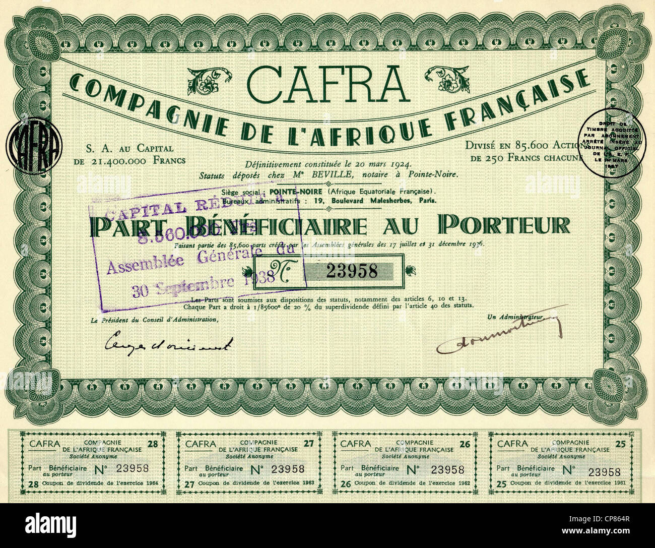 Coloniale storico certificato azionario, 1936, Parigi, 250 franchi francesi, Francia, Europa Compagnie Francaise de l'Afrique, CAFRA, Po Foto Stock