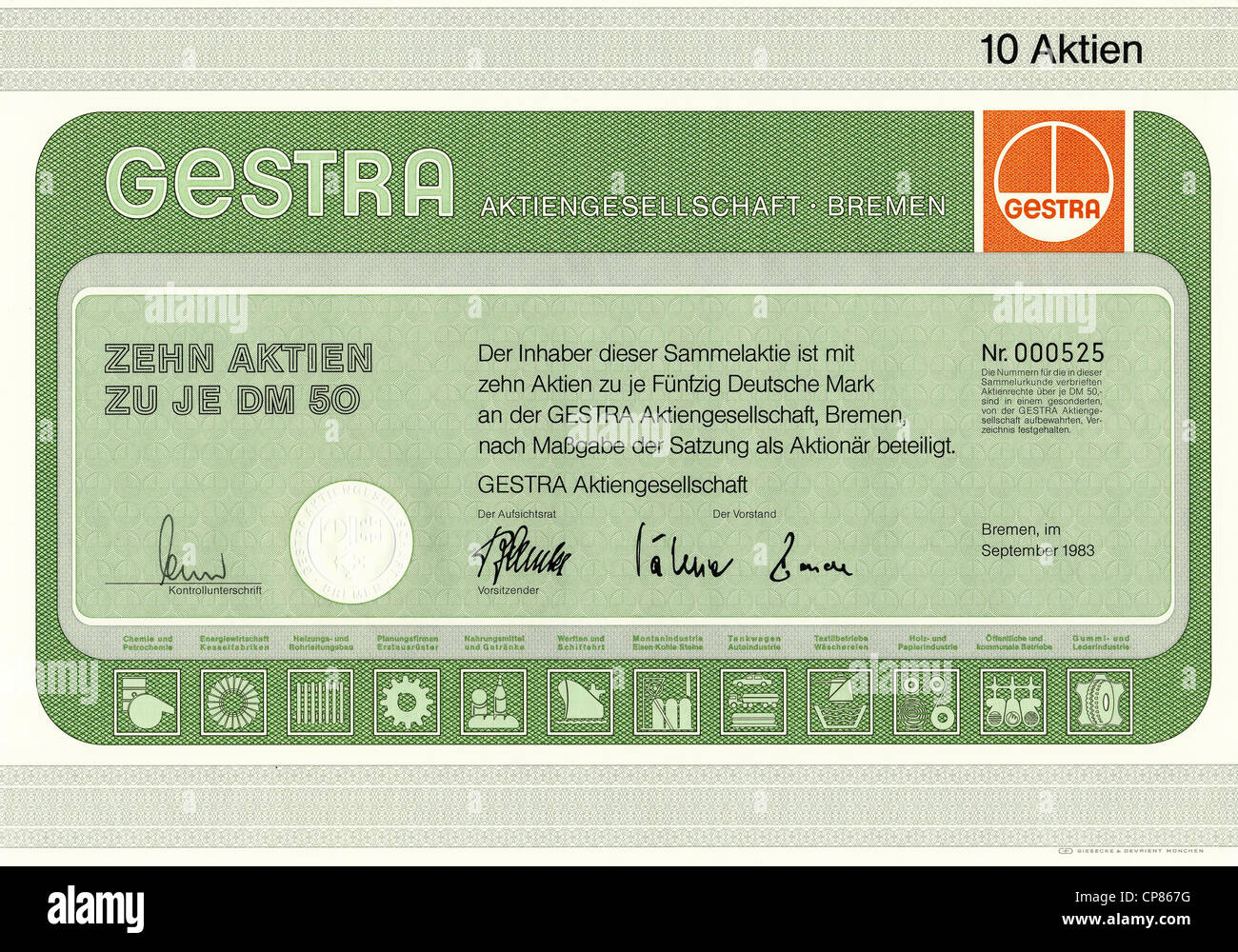 Historic Stock certificato, certificato di titoli al portatore, warrant, Germania, Historische Aktie, 10 Aktien zu 50 DM, GESTRA AG, 1 Foto Stock