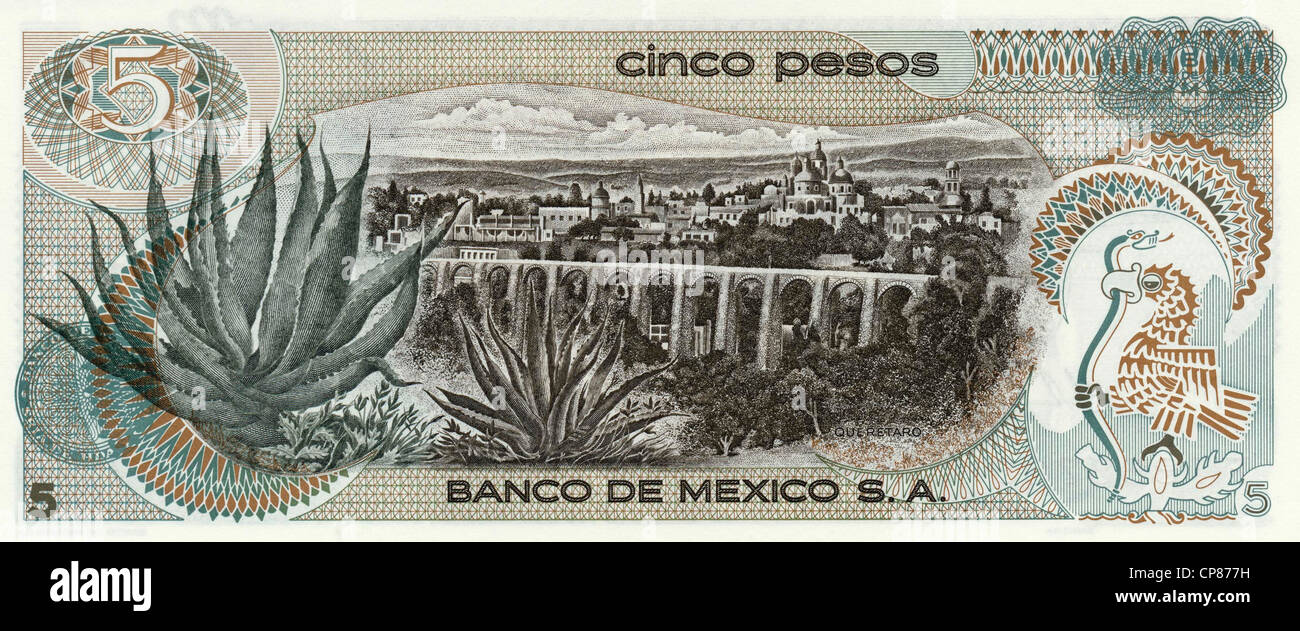 Banconota 5 pesos, Mexiko, Santiago de Querétaro, 1969 Foto Stock