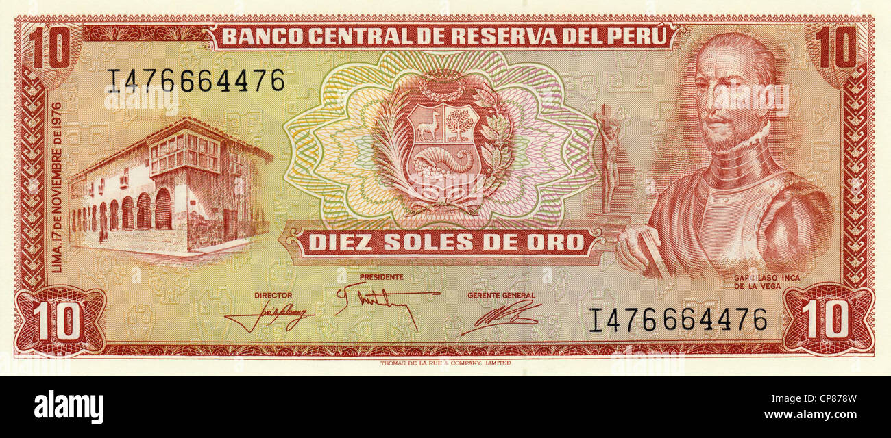 La banconota, Perù, 10 sol, Inca Garcilaso de la Vega, 1976 Foto Stock