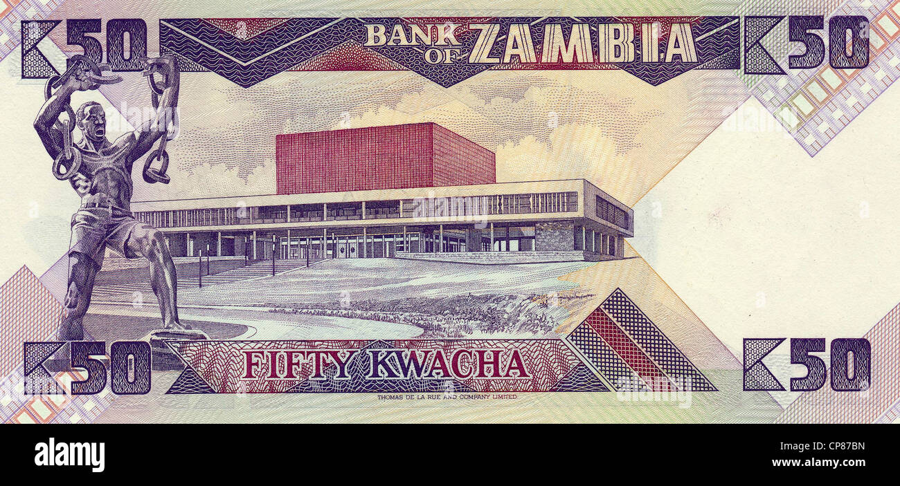 La banconota aus Zambia, 50 Kwacha, das Parlamentsgebäude a Lusaka, 1986, la banconota dallo Zambia, Foto Stock