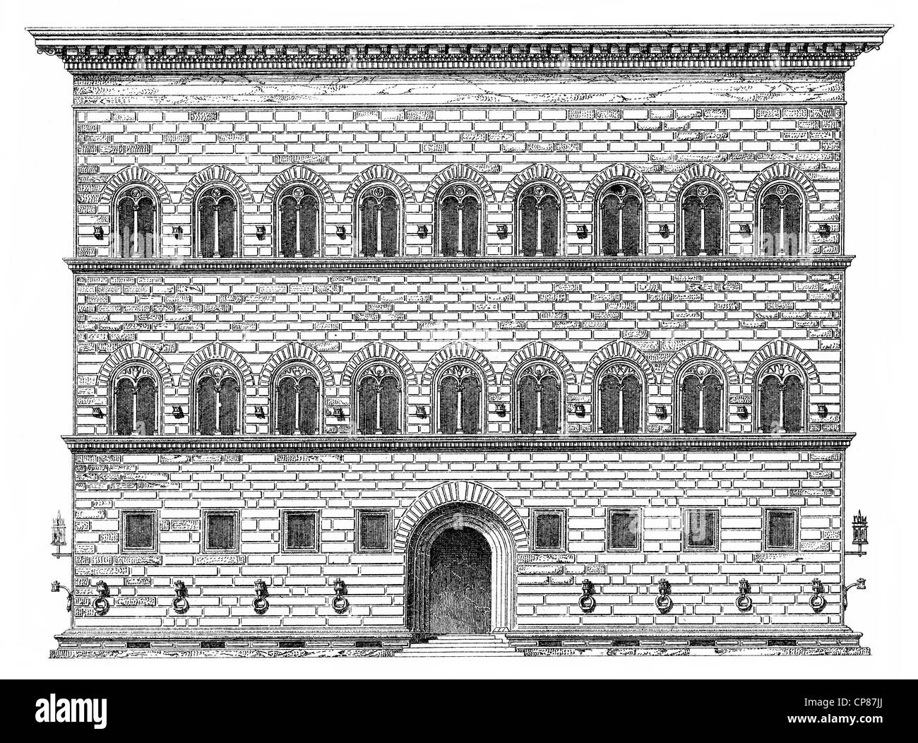 Palazzo Strozzi, il palazzo rinascimentale di Firenze del XV secolo, Historische, zeichnerische Darstellung, Der Palazzo Strozz Foto Stock