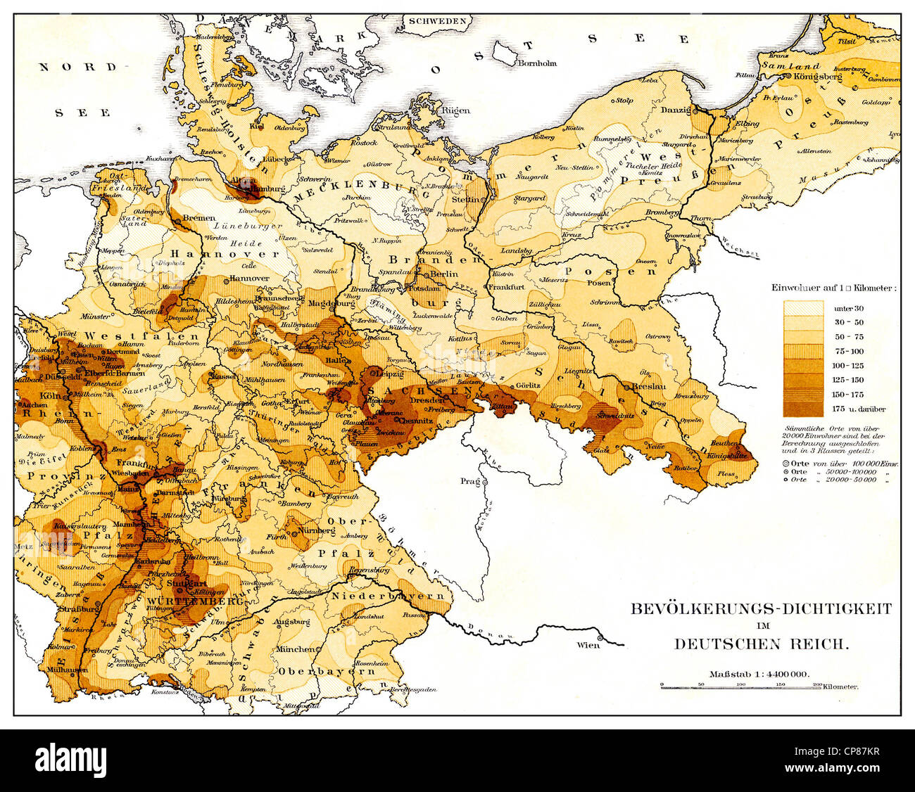 Mappa storica della densità di popolazione nel Reich tedesco, secolo XIX, Historische, zeichnerische Darstellung, Landkarte, die Bev Foto Stock