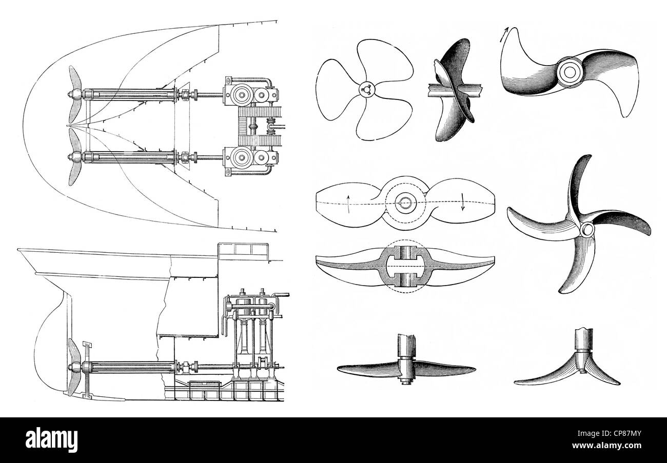 Unità di navi a vapore o vaporizzatori da vapore motori ed eliche, XIX secolo,Historische, zeichnerische Darstellung, Antieb Foto Stock