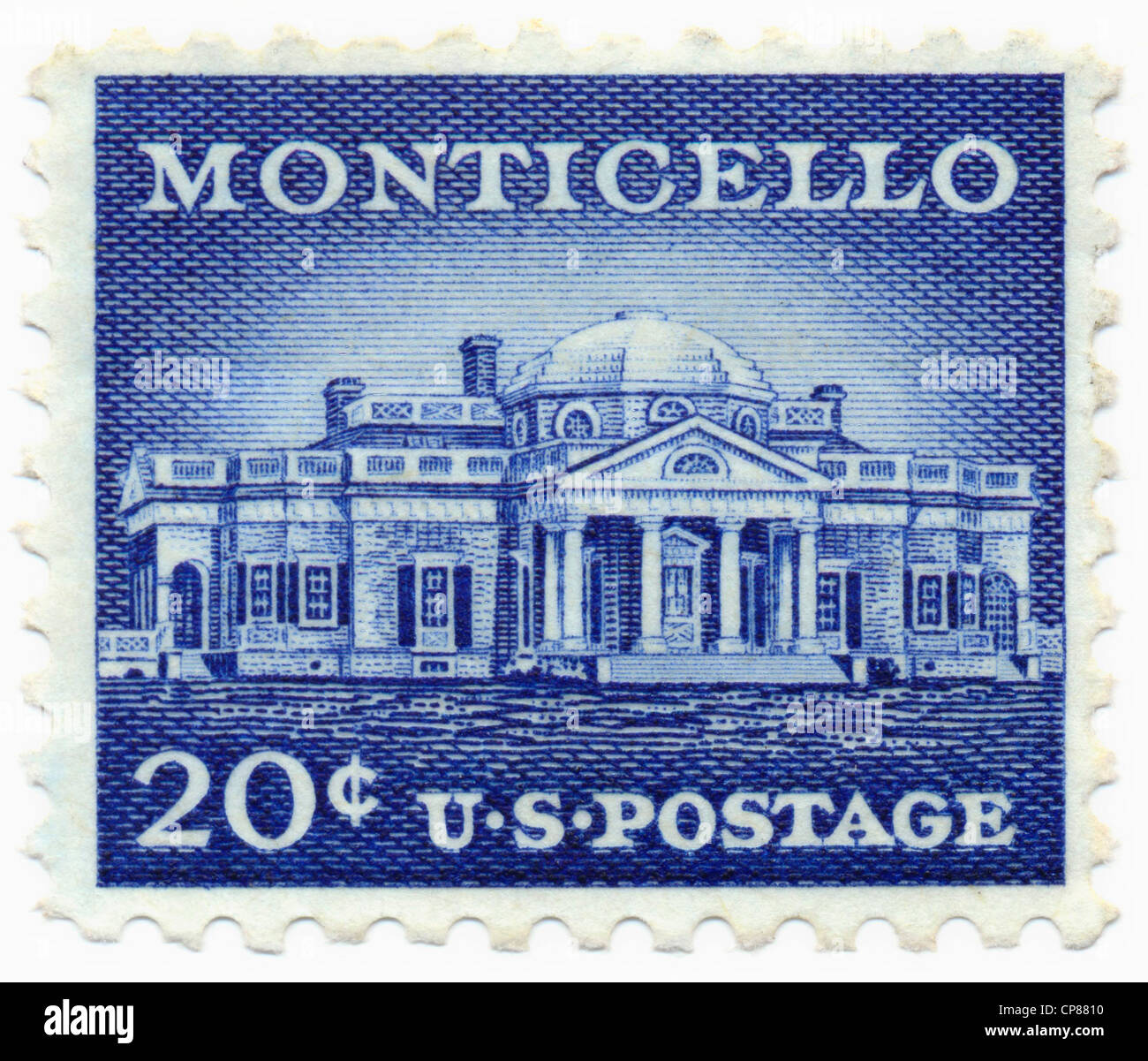 Historic francobollo, il Monticello edificio, stile Palladiano country estate del Presidente Thomas Jefferson, Historische B Foto Stock