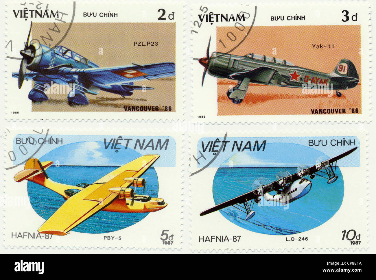Storico di francobolli di affrancatura postale dal Vietnam, Historische Briefmarken aus Vietnam, Flugzeuge, 1986 Foto Stock