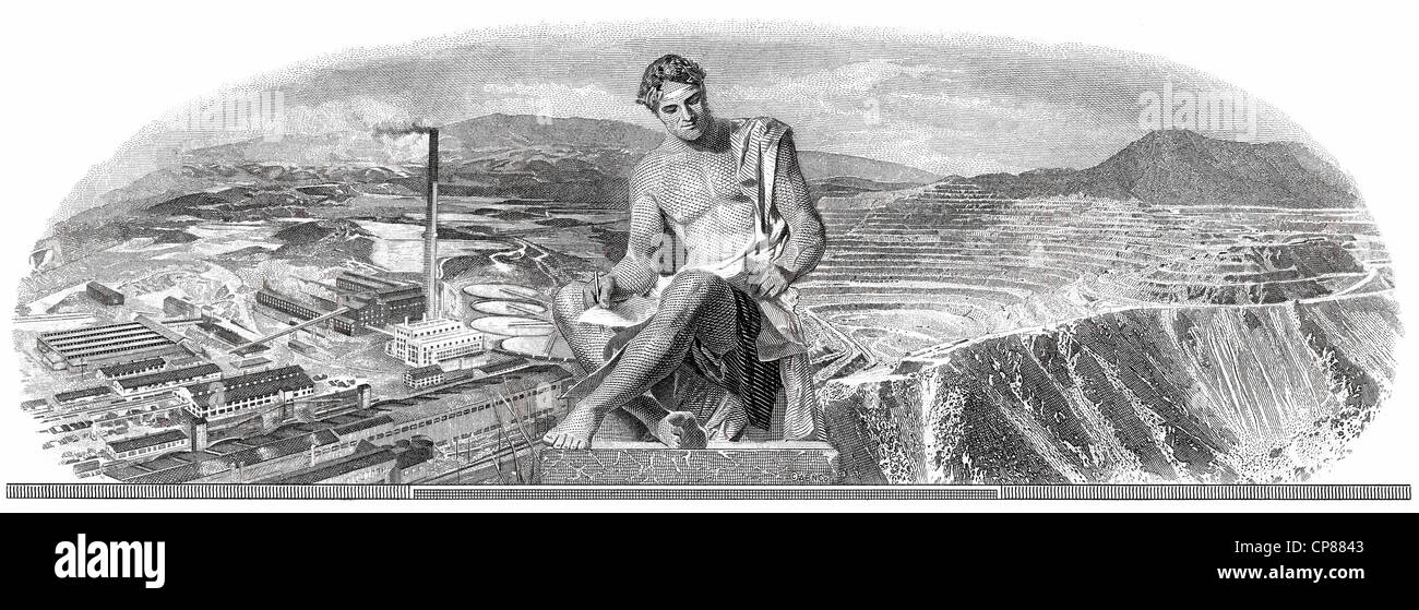 Storico certificato azionario, dettaglio delle vignette, rappresentazione allegorica di un uomo seduto di fronte a una grande fossa aperta una Foto Stock
