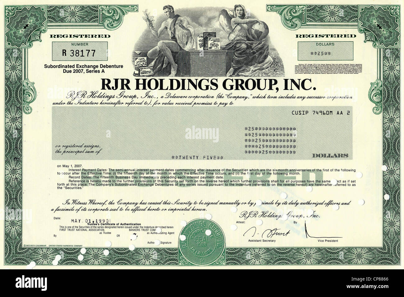 Storico certificato azionario, un produttore di prodotti del tabacco, Richard Joshua Reynolds, R. J. Reynolds Tobacco Company, RJR ha Holdi Foto Stock