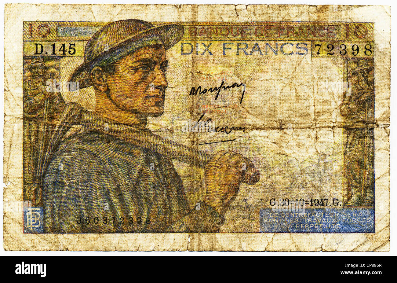 Historische banconota 10 Franc, 1942, Motiv Bergmann, Frankreich, Europa Foto Stock