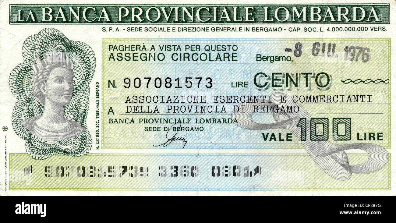 Miniassegni, Italiano bonifico bancario, vaglia postale con un valore basso, la Banca Provinciale Lombarda, Bergamo, Miniassegno, Italienis Foto Stock
