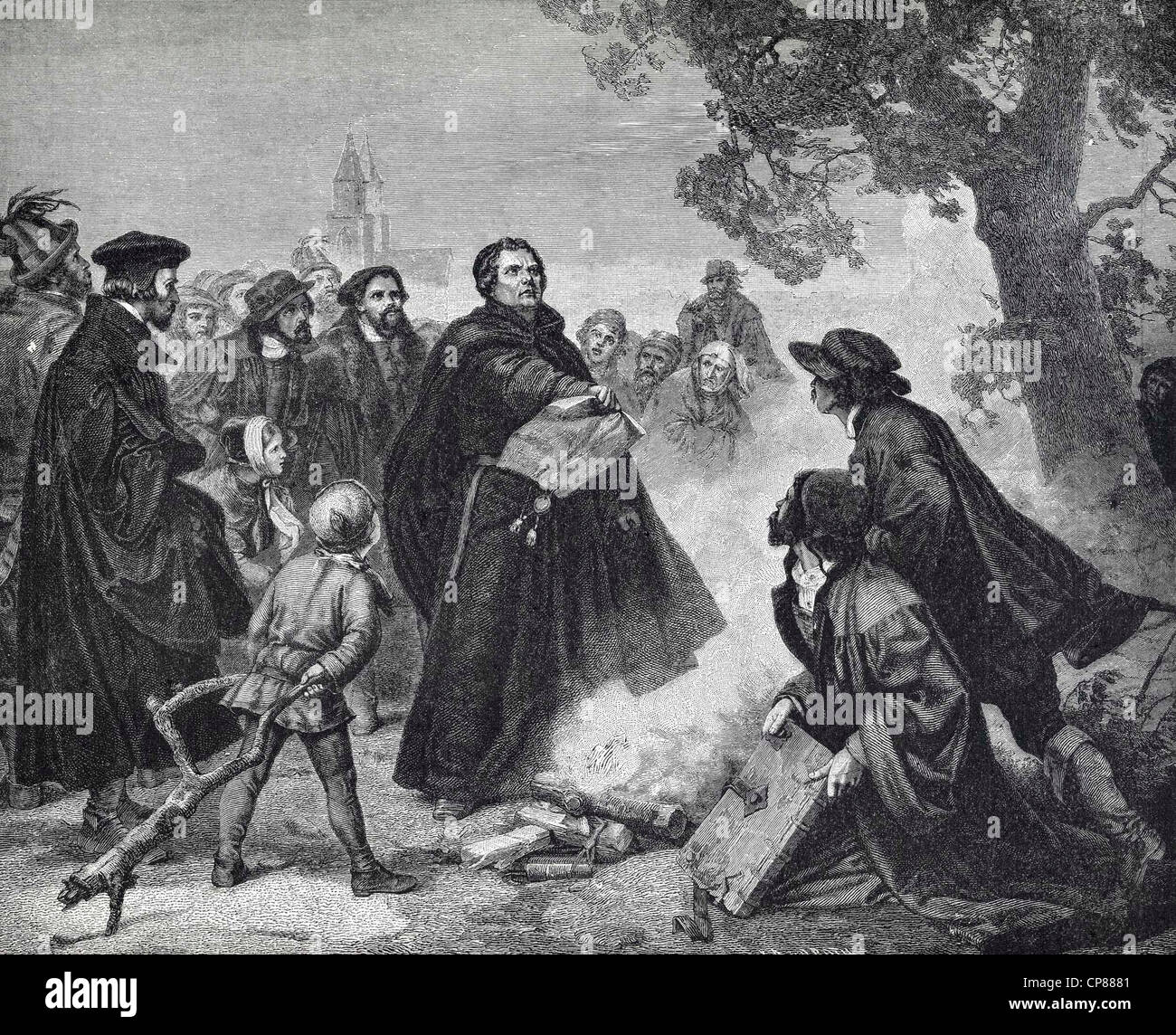 Lutero brucia la bolla di papa Leone X, scena del 1521, incisione storica del XIX secolo, Lutero verbrennt die Bannbulle von Pap Foto Stock