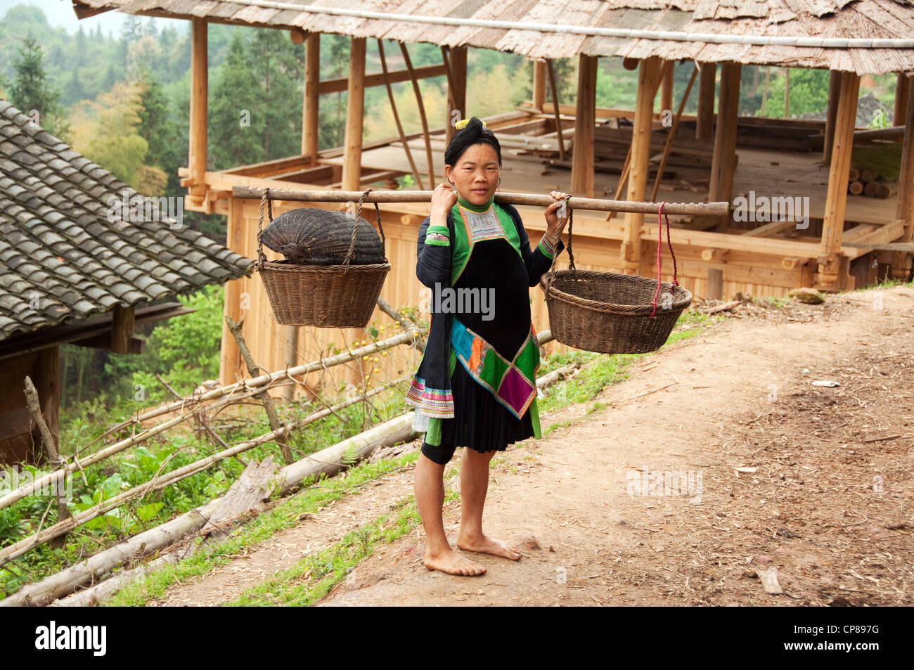 Un basha miao (pistola uomini) donna adulta che effettuano il trasporto di merci sulle sue spalle, Cina del Sud Foto Stock Un basha miao (pistola uomini) donna adulta che effettuano il trasporto di merci sulle sue spalle, Cina del Sud Foto Stock