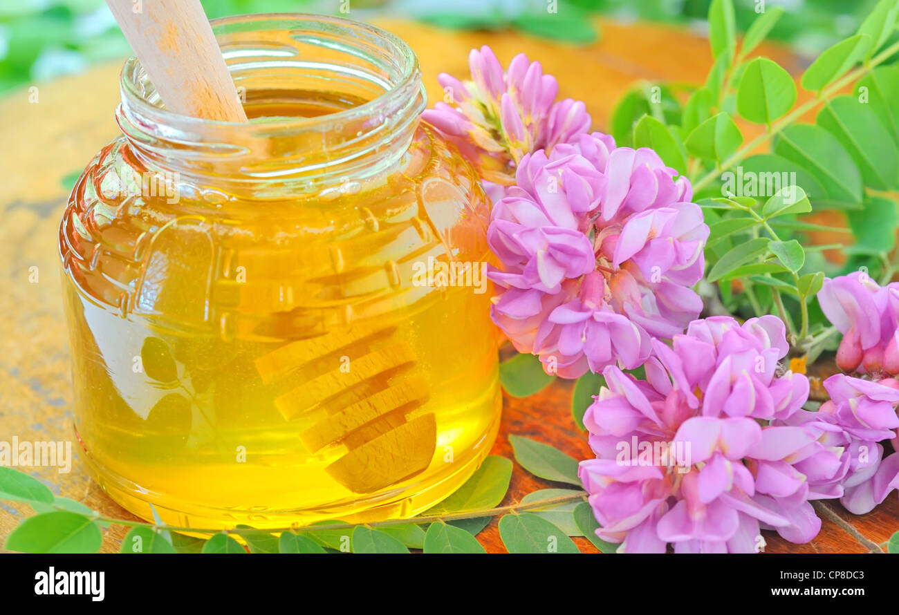 Il vasetto di vetro pieno di miele e stick con acacia fiori rosa e bianchi Foto Stock