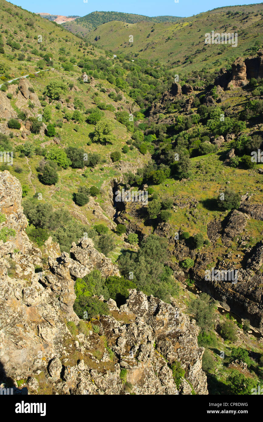 Visualizza in basso la valle Lardia, Lesbo, Grecia Foto Stock