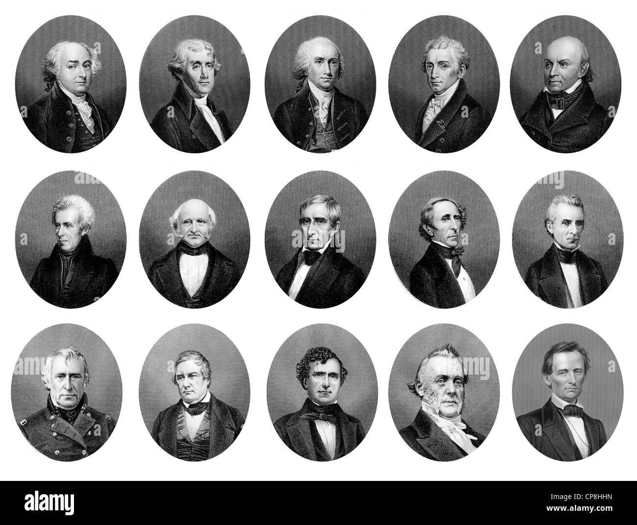Ritratti dei Presidenti degli Stati Uniti d America dal 1797 al 1865 la prima riga da sinistra a destra John Adams Thomas Jeffe Foto stock Alamy
