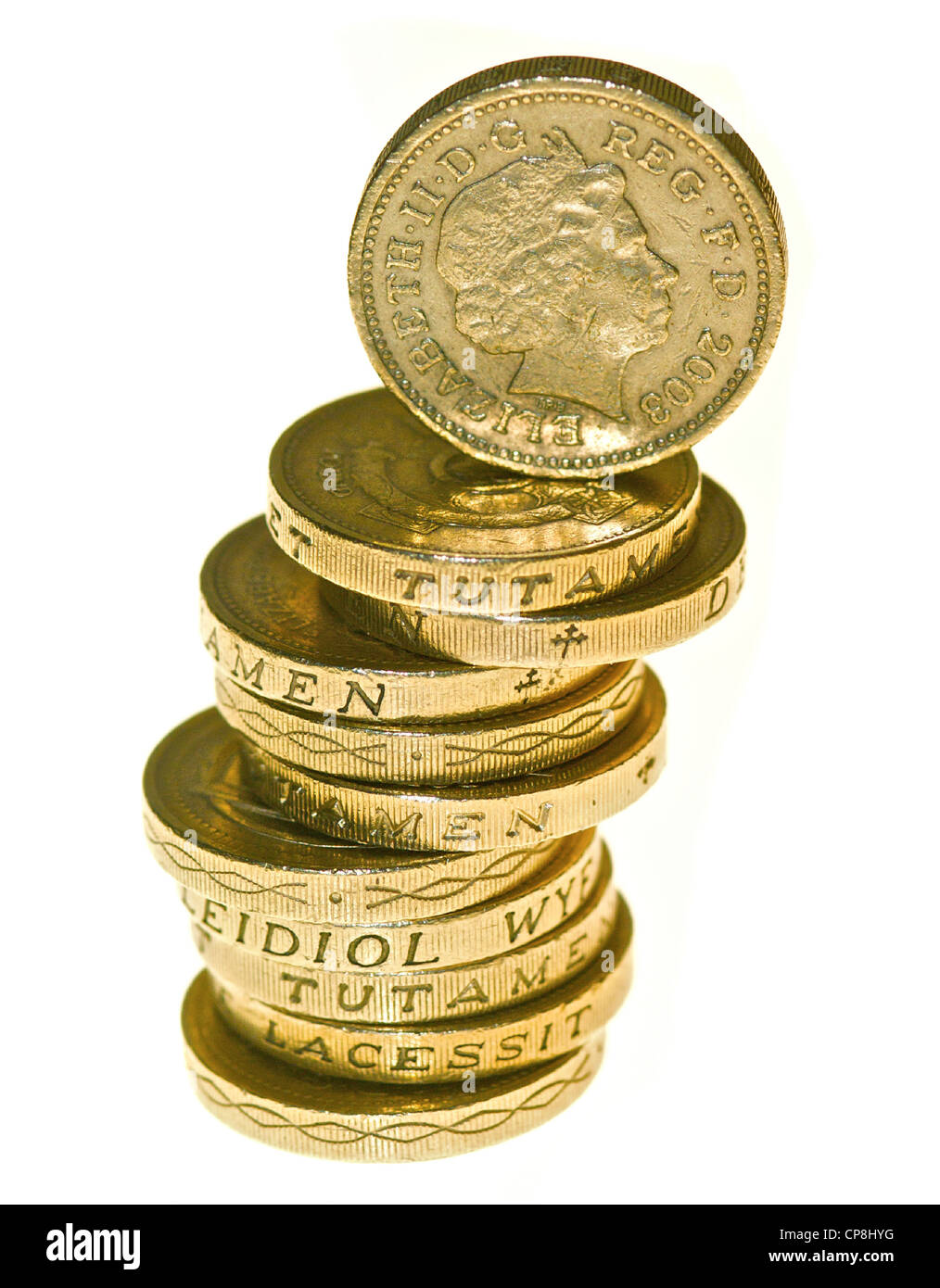 Una libbra di monete in una pila. Foto Stock