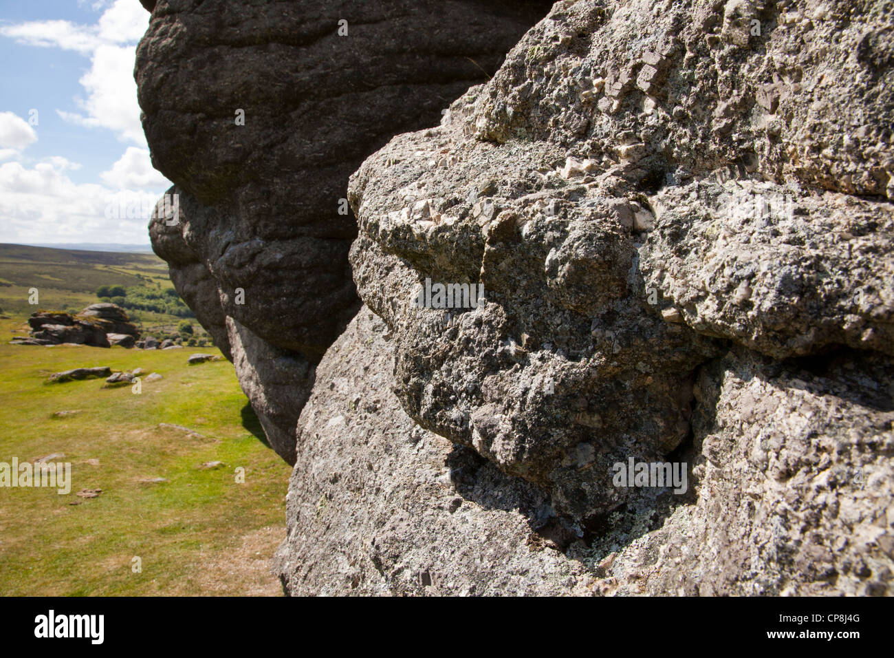 Tori di granito e esposti rocce e massi sul parco nazionale di Dartmoor,Devon, Regno Unito. Foto Stock