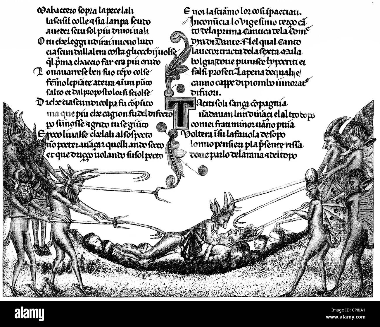 Illustrazione storica del XIX secolo, il diavolo in inferno, illustrazione dopo la Divina Commedia con il poeta italiano Dante Ali Foto Stock